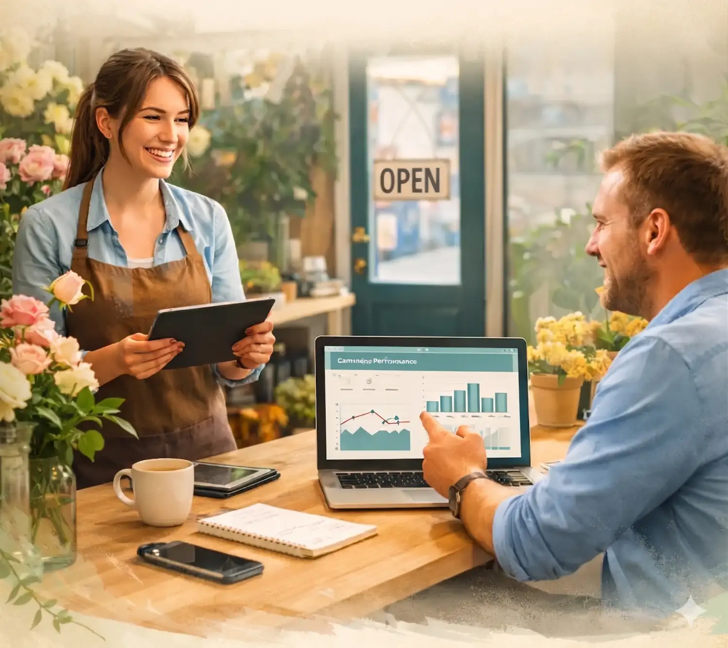 Resonant Works team helping a small business owner grow through social media marketing
